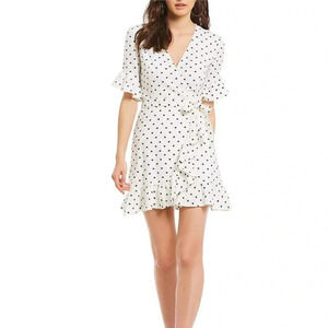 WAYF Kaitlyn Ruffle Polka Dot true Wrap mini Dress linen blend short sleeve SZ S